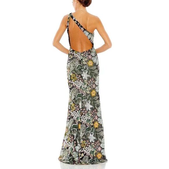 Mac Duggal 49574 Size 10 Floral Black Green Pink One Shoulder Gown Maxi Dress - Picture 9 of 10